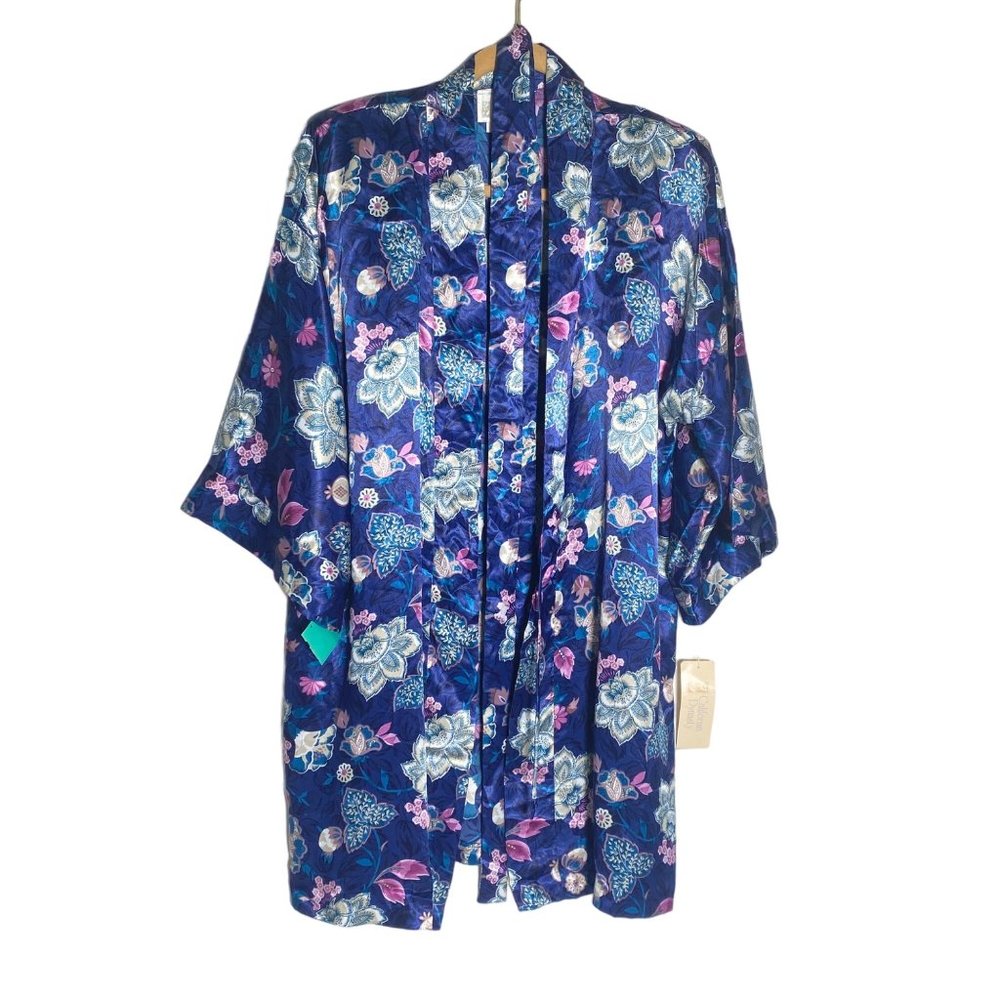 Vintage California Dynasty Slip & Robe Set Navy Blue Floral Silky Satin New Sz S